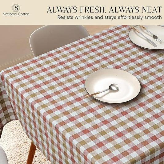 Gingham Check Tablecloth, 60x102 Inches, Reusable Farmhouse Dining Table Cover, 100% Cotton, Washable Table Linen for Thanksgiving, Fall Gatherings, Rust Tan and Natural Plaid