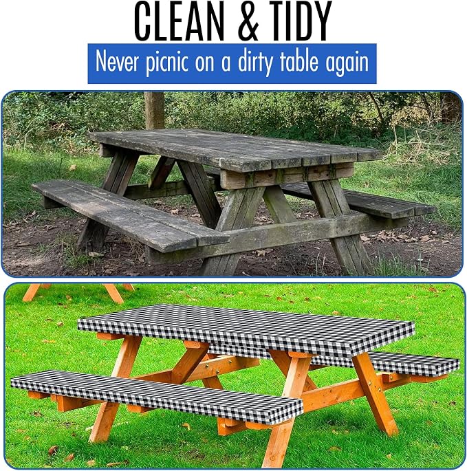 Premium Picnic Table Cover with Bench Covers Vinyl Fitted picnic table covers with Elastic RV Camping Accessories and Camper must haves Waterproof (Black Gingham, 96 x 30(8ft)) with skewers