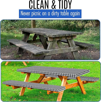 Premium Picnic Table Cover with Bench Covers Vinyl Fitted picnic table covers with Elastic RV Camping Accessories and Camper must haves Waterproof (Black Gingham, 96 x 30(8ft)) with skewers