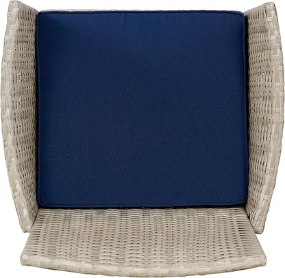 Outdoor Wicker Conversation 3 Piece Bistro Set Garden Patio Yard Porch Furniture Space Saving Pe Rattan 2 Chairs Cushions Side Storage Glass Table Stone Gray/Navy Blue 3pc