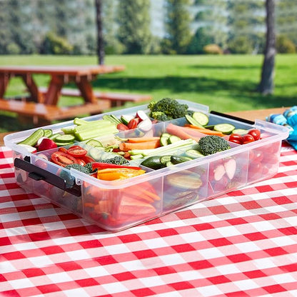Farberware Build Snacklebox Serving Tray with Locking Bamboo Cutting Board Lid, Portable Storage Container with Compartments for Charcuterie, and More, Natural (Pack of 4)