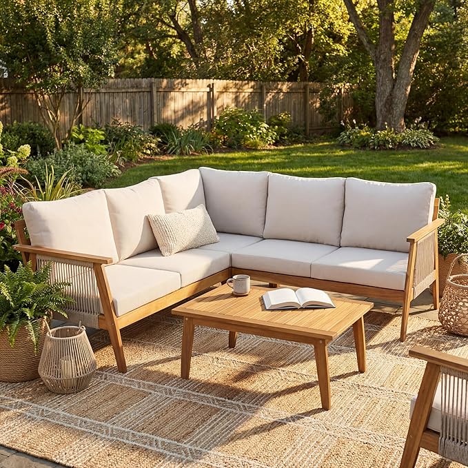 Merax Outdoor 4-Piece Acacia Wood & Rope Sectional Patio Corner Set, L-Shaped Sofa with Coffee Table, Handmade Woven Garden Furniture for Poolside & Deck
