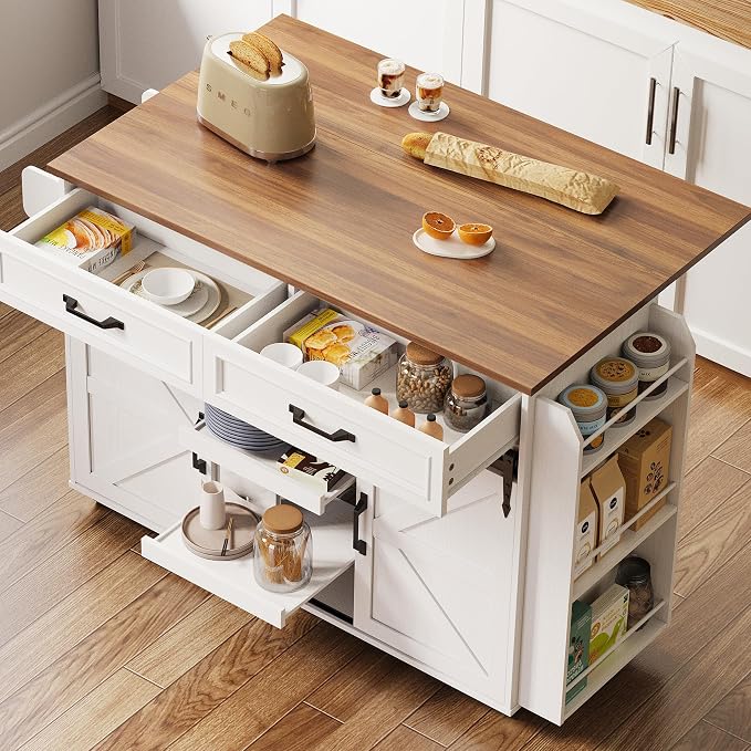 IRONCK Kitchen Island with Storage, Rolling Kitchen Island Cart with Drop Leaf Countertop and Pull-Out Shelf, Barn Doors, for Dining Room, Home Bar, White