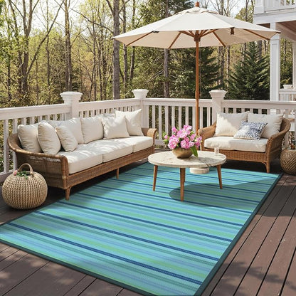 GENIMO Outdoor Rug, Waterproof Plastic Rugs for Patio, 6'x9' Light Blue | Outside Larger Modern Carpet Mat for Porch Decor, Deck, Balcony, Camping, RV, Backyard, Picnic, Beach, Reversible, Foldable