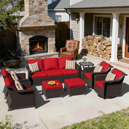 8 Pieces Patio Conversation Furniture Set - 1 Sofa, 2 Ottomans, 2 Armchairs, 2 Swivel Chairs, 1 Side Table, Outdoor Wicker Furniture with Removable Cushions for Porch, Sunroom (Red)