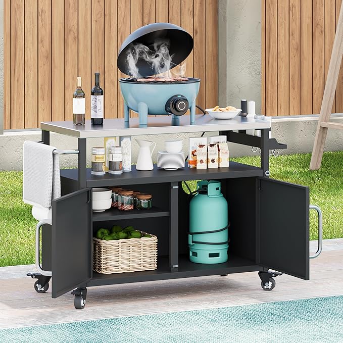 54.5" Outdoor Kitchen Island with Stainless Steel Tabletop, Metal Grill Cart Table with Storage Cabinet, Spice Rack and Towel Rack, Outdoor Bar Cart with 4 Lockable Wheels for Outside BBQ (Black@79)