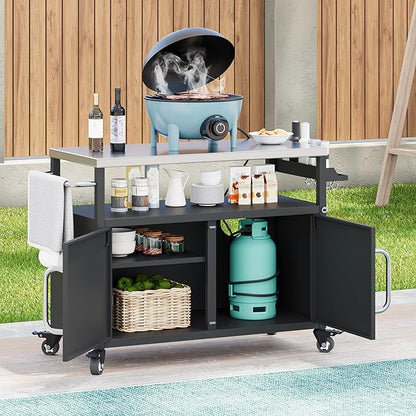 54.5" Outdoor Kitchen Island with Stainless Steel Tabletop, Metal Grill Cart Table with Storage Cabinet, Spice Rack and Towel Rack, Outdoor Bar Cart with 4 Lockable Wheels for Outside BBQ (Black@79)