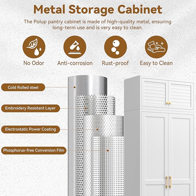 Polup Kitchen Pantry Cabinet, 86 Inch Tall Metal Storage Cabinet, Metal Pantry cabinets with Doors and Shelves, White Storage Cabinets for Living, Dining, Office, Bathroom, Garage, Assembly Required
