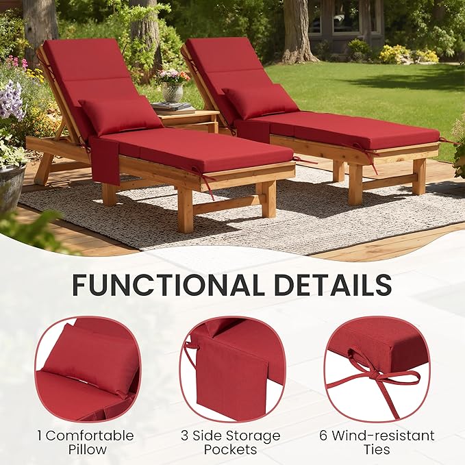 Crestlive Products Foldable Outdoor Chaise Lounge Cushions with Head Pillow and Side Pockets, Water Resistant & Fade Resistant Lounge Chair Cushion, 72''L x 21''W, Set of 2, Chili