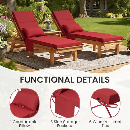 Crestlive Products Foldable Outdoor Chaise Lounge Cushions with Head Pillow and Side Pockets, Water Resistant & Fade Resistant Lounge Chair Cushion, 72''L x 21''W, Set of 2, Chili
