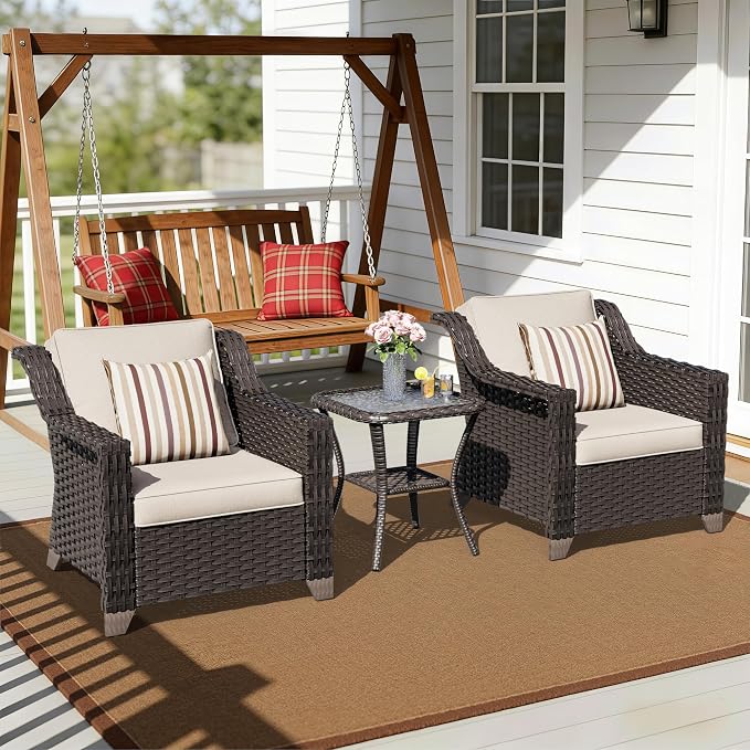 3 Piece Patio Furniture Set, Wicker Outdoor Conversation Set | Patio Chair Set with Olefin Removable Cushion, All-Weather Armchair Set with Deep Seat for Porch, Deck and Backyard, Beige