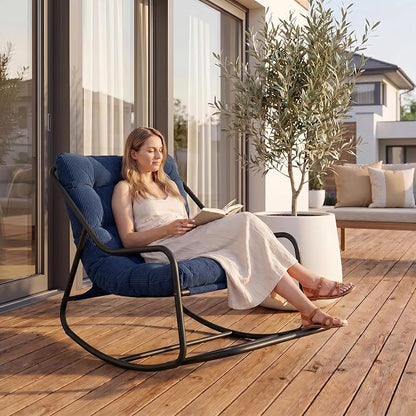 Outdoor Rocking Chairs, Metal Frame Outdoor Rocker with Footrest, Comfy Oversized Patio Chair with Thick Cushion, Reading Glider Lounge Chair for Living Room, Bedroom, Garden, Relax, Navy Blue