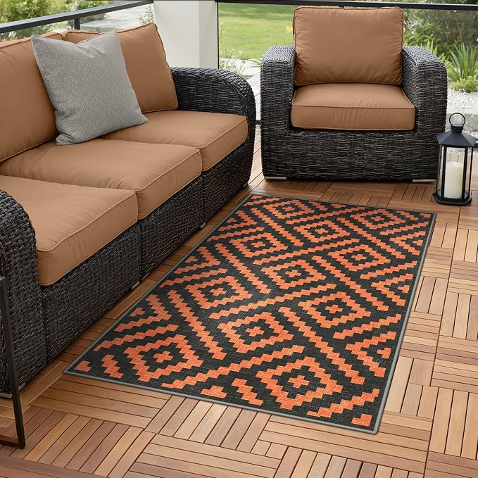 GENIMO Outdoor Rug 3'x5' Waterproof for Porch, Plastic Door Mat Orange Noir | Outside Modern Carpet for Patio Decor, Balcony, Deck, Backyard, Picnic, Camping, RV, Reversible, Foldable, Lightweight