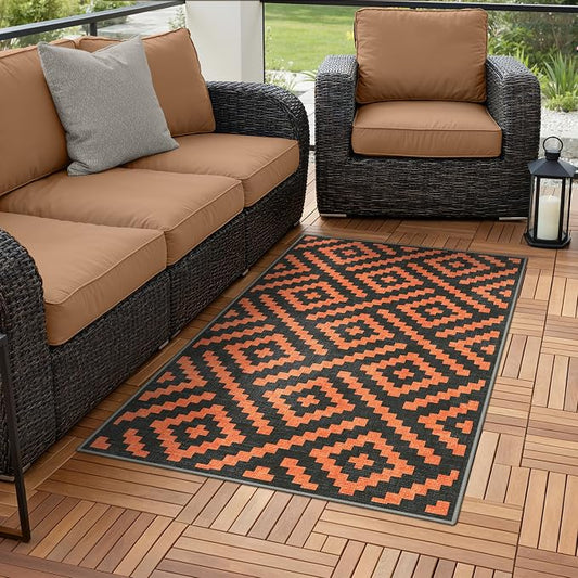 GENIMO Outdoor Rug 3'x5' Waterproof for Porch, Plastic Door Mat Orange Noir | Outside Modern Carpet for Patio Decor, Balcony, Deck, Backyard, Picnic, Camping, RV, Reversible, Foldable, Lightweight