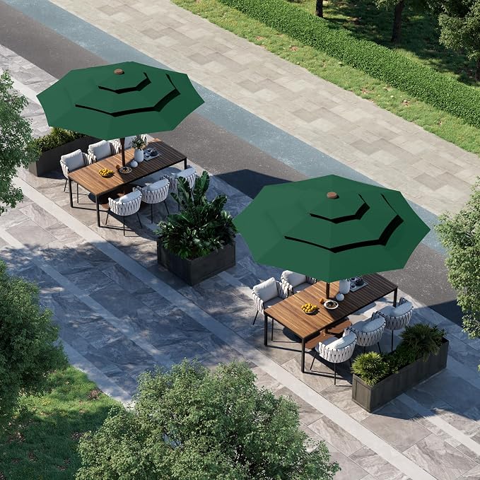 9FT 3 Tiers Patio Umbrella With Auto Tilt And Crank, Outdoor Table Market Umbrella with 8 Sturdy Ribs for Garden, Lawn, Deck, Backyard and Pool