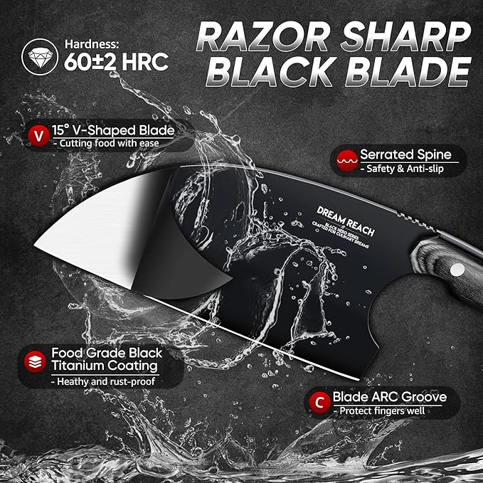 Dream Reach Serbian Chef Knife - Full Tang Butcher Cleaver for Meat Vegetables, Hand Forged Black Chopping Knife for Kitchen Birthday Mother Father Gift Idea