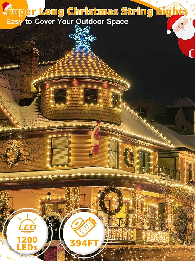 BrightChristmas Christmas Lights 1200 LED 394 FT, Waterproof Outdoor String Lights with Remote and Timer, Christmas Tree Lights with 8 Modes Dimmable, Fairy Lights for Holiday Decor (Warm White)