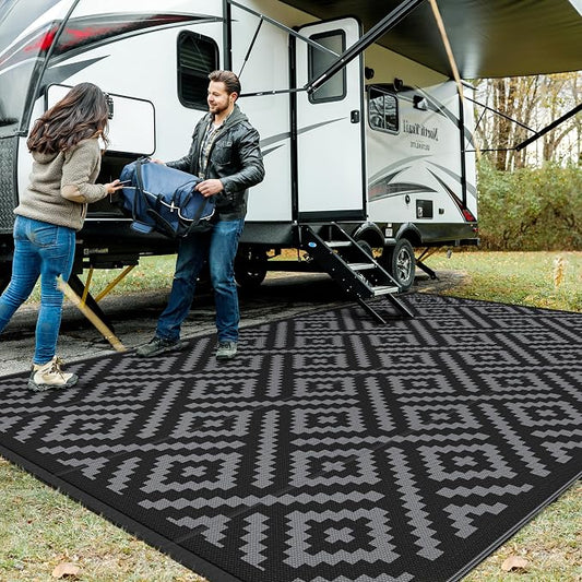 GENIMO Outdoor Rug, Waterproof Plastic Rugs 10'x14' for Camping Black Grey | Outside Larger Modern Carpet Mat for Patio Decor, RV, Porch, Camper, Deck, Picnic, Beach, Backyard, Reversible, Foldable