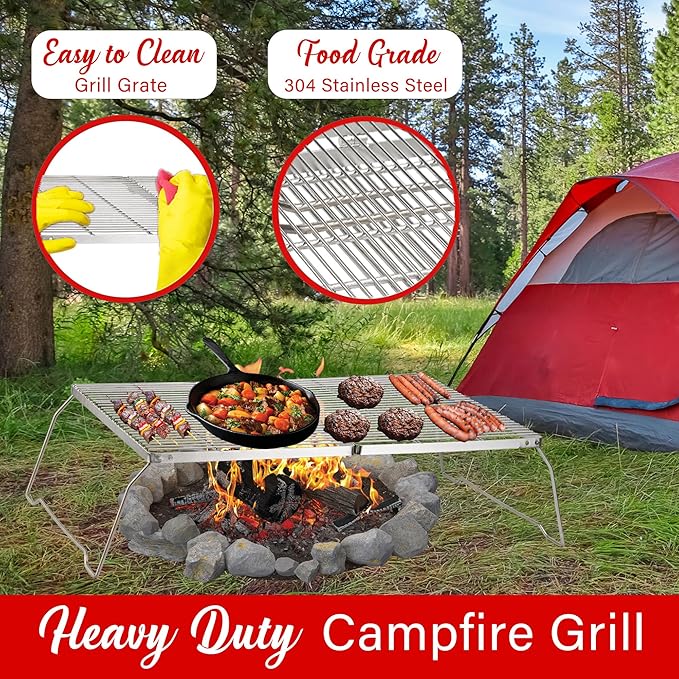 Brentwood BB-17X25SS 25” x 17” Heavy Duty Stainless Steel Portable Folding Campfire Grill with Carry Bag
