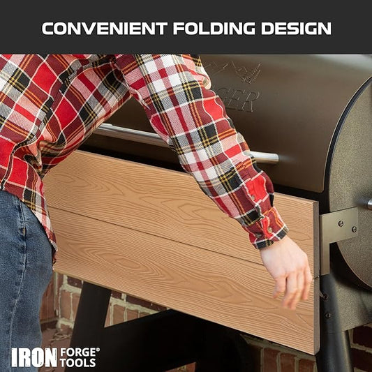 Iron Forge Tools 26x12 Composite Folding Grill Shelf Accessory - Pellet Smoker Barbeque Charcoal Grill Accessories - Compatible with Traeger Pro, Ironwood Texas Elite, Eastwood