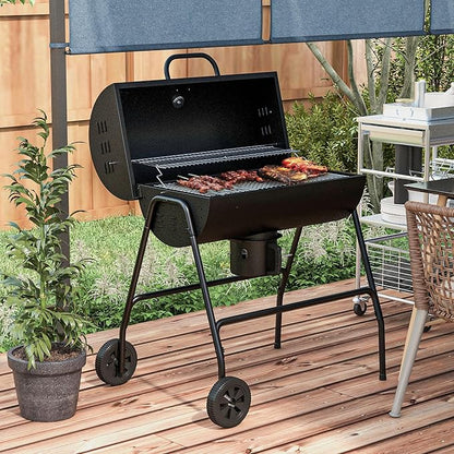 Barrel Charcoal BBQ Grill with 420 sq.in. Cooking Area, Outdoor Barbecue with Wheels, Ash Catcher and Built-in Thermometer for Patio Picnic, Backyard Party, Black