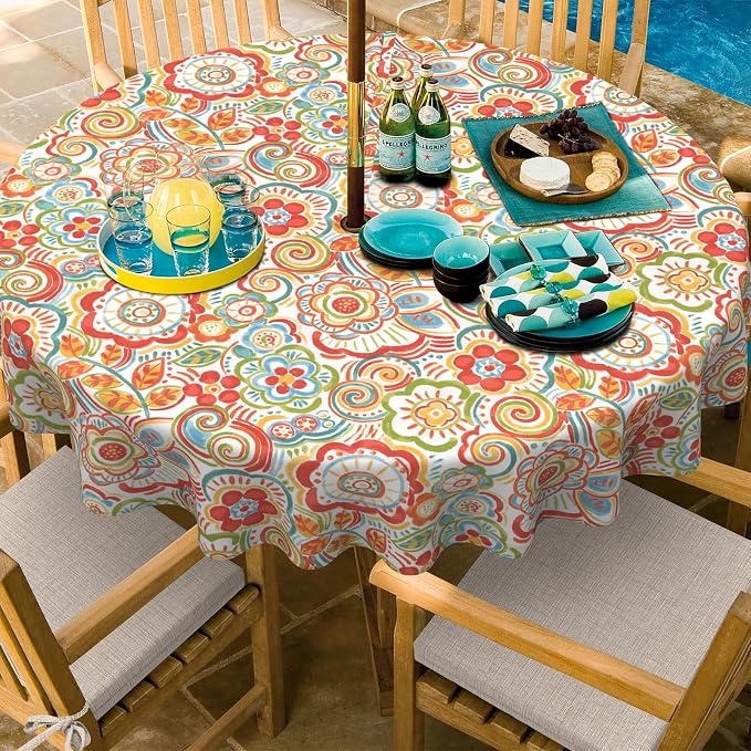 Outdoor/Indoor Round Tablecloth with Umbrella Hole Zipper, Decorative Circular Table Cover for Home Garden, 60 Inch, Flower Multi