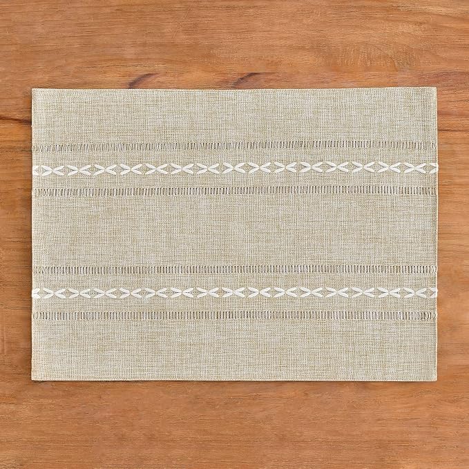 Wracra Cotton Linen Place Mats, Coffee Embroidered Placemats Set of 8 | Placemats 12 x 18 Inch; Cotton Linen Woven Fabric; Heat Resistant Table Mats; Raised Embroidered Hollow Design