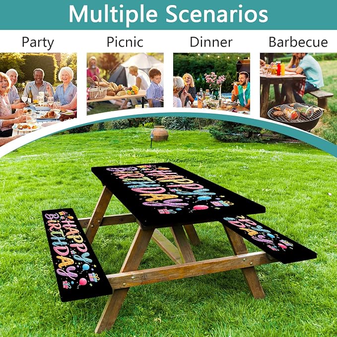 Happy Birthday Picnic Table Cover with Bench Covers, Colorful Candy Sprinkle Design Waterproof Camping Tablecloth, Elastic Fitted Rectangle Table Set with Drawstring Bag, 3PCS, 30x72 Inch