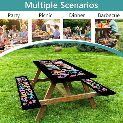 Happy Birthday Picnic Table Cover with Bench Covers, Colorful Candy Sprinkle Design Waterproof Camping Tablecloth, Elastic Fitted Rectangle Table Set with Drawstring Bag, 3PCS, 30x72 Inch