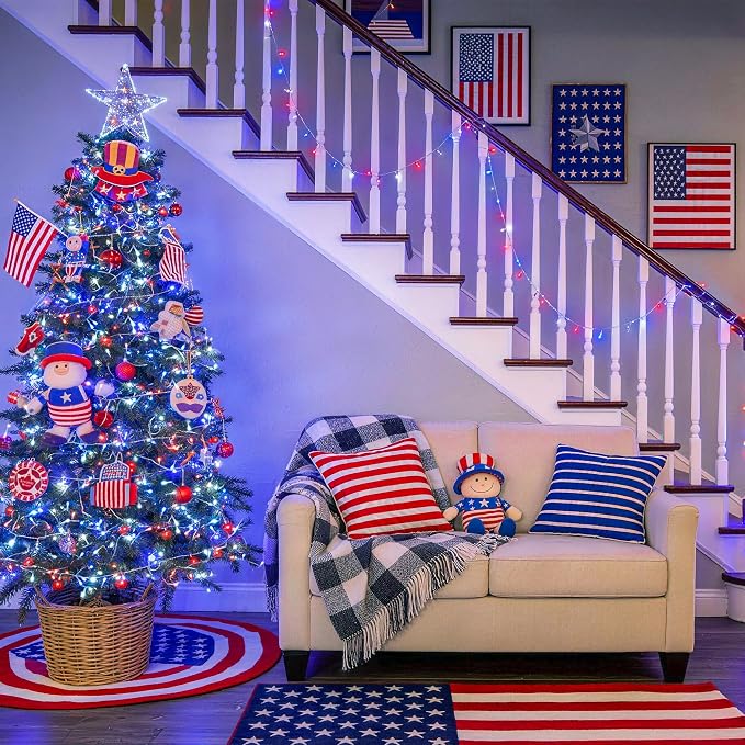 JMEXSUSS 33ft 100 LED Red White and Blue Lights Outdoor, Battery Operated | 4th of July Lights with Remote, 8 Modes Patriotic Decorations for Indoor Outside Independence Day American Flag Holiday