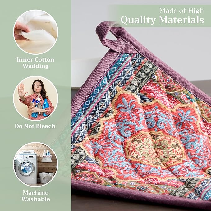 Maison d' Hermine Pot Holders Set 100% Cotton Heat Resistant Potholders 8" x 8" Hot Pads with Loop for Thanksgiving Christmas Decorations BBQ Cooking Baking Handling Hot Pans (Pack of 2, Ispahan)