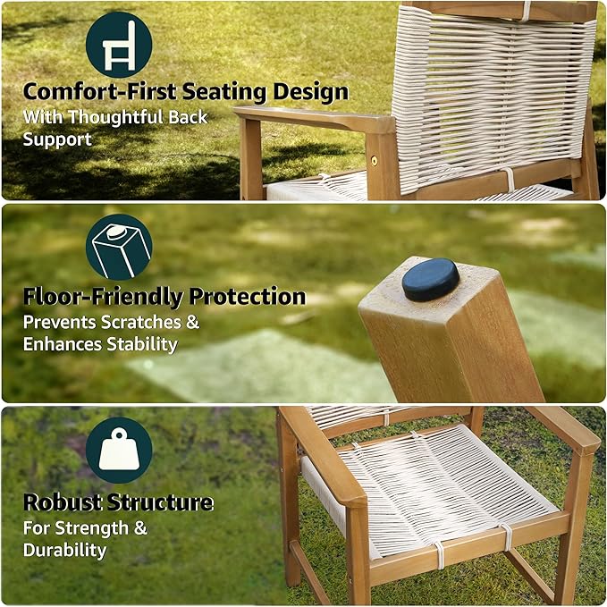 Heritage Woven Rope Eucalyptus Wood Armchair, Set of 2 Oversized Wide Backrest for Enhanced Comfort - Handcrafted Outdoor Patio Dining Chairs, Solid Eucalyptus Boho Seating for Deck, Porch & Backyard