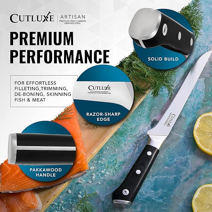 Cutluxe Boning Knife – 6" Razor Sharp Fillet – High Carbon German Steel – Full Tang Ergonomic Handle Design, Grilling Gifts for Men – Artisan Series