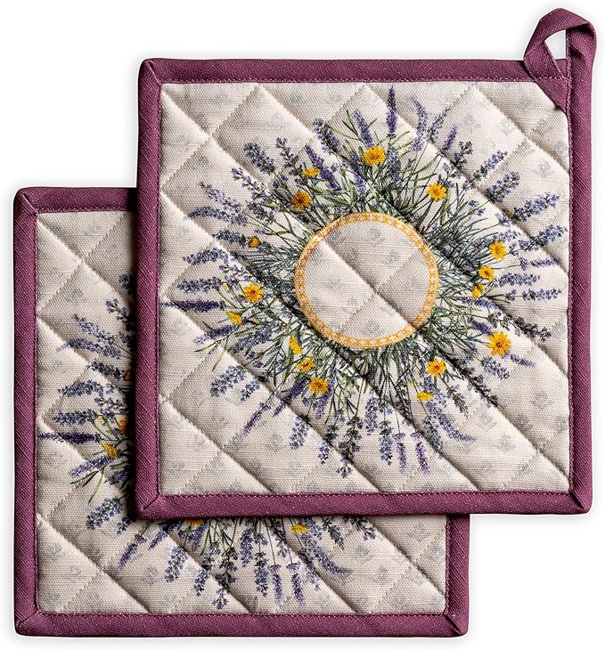 Maison d' Hermine Pot Holders 100% Cotton Heat Resistant Potholders 8" x 8" Hot Pads with Loop BBQ Cooking Baking Hotel Farmhouse Kitchen Handling Hot Pans Spring Summer (Pack of 2, Fanny Lavender)