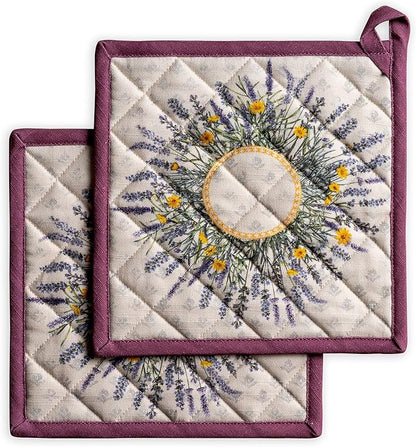 Maison d' Hermine Pot Holders 100% Cotton Heat Resistant Potholders 8" x 8" Hot Pads with Loop BBQ Cooking Baking Hotel Farmhouse Kitchen Handling Hot Pans Spring Summer (Pack of 2, Fanny Lavender)