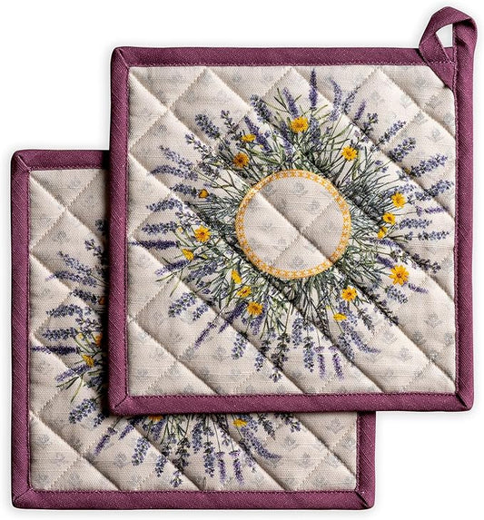 Maison d' Hermine Pot Holders 100% Cotton Heat Resistant Potholders 8" x 8" Hot Pads with Loop BBQ Cooking Baking Hotel Farmhouse Kitchen Handling Hot Pans Spring Summer (Pack of 2, Fanny Lavender)