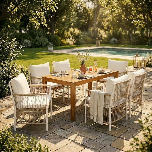 Merax 7 Piece Patio Dining Set, Outdoor Acacia Wood Rectangular Dinning Table with Sturdy Legs and 6 Rattan Arm Chairs w/Cousions & Pillows for Backyard,Balcony, Garden, Poolside, Natural