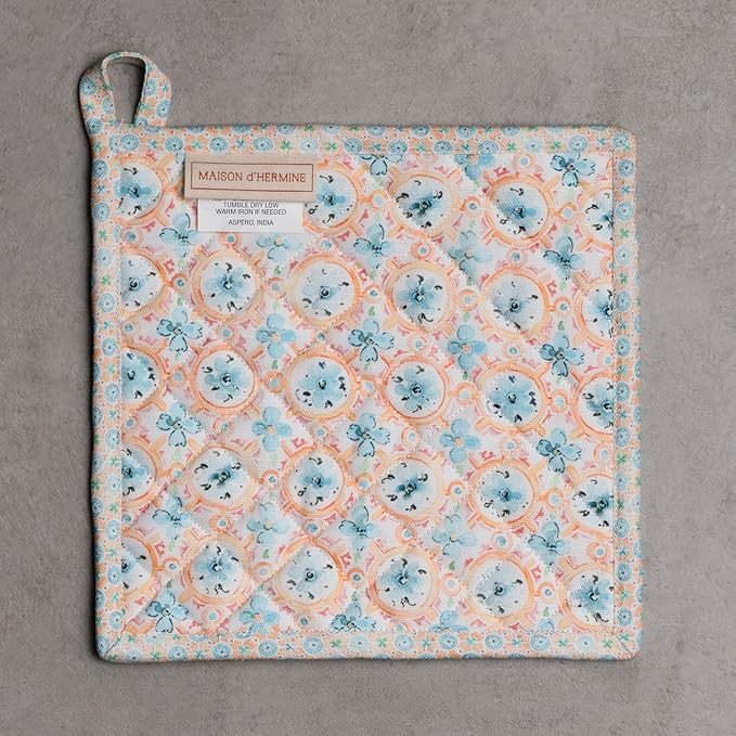 Maison d' Hermine Pot Holders 100% Cotton Heat Resistant Potholders 8" x 8" Hot Pads with Loop BBQ Cooking Baking Hotel Farmhouse Kitchen Handling Hot Pans Spring Summer (Pack of 2, Summer Whisper)