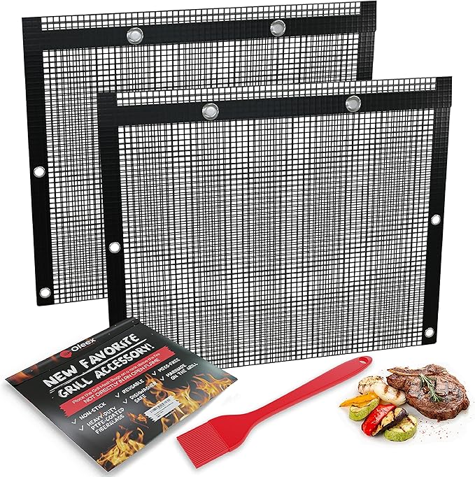 Oleex Non-Stick Large BBQ Grilling Bags + Basting Brush - Reusable PTFE Mesh Indoor Outdoor Charcoal Barbecue Grill Bag Accessories, Heat-Resistant Up to 500 F, Easy to Clean, Dishwasher-Safe