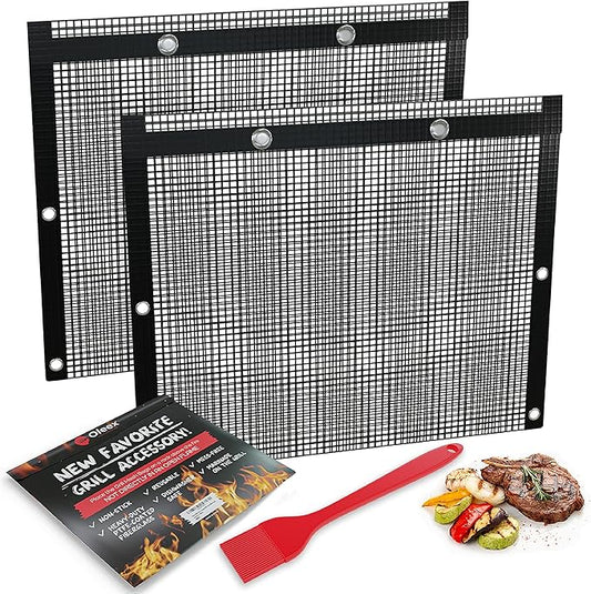 Oleex Non-Stick Large BBQ Grilling Bags + Basting Brush - Reusable PTFE Mesh Indoor Outdoor Charcoal Barbecue Grill Bag Accessories, Heat-Resistant Up to 500 F, Easy to Clean, Dishwasher-Safe