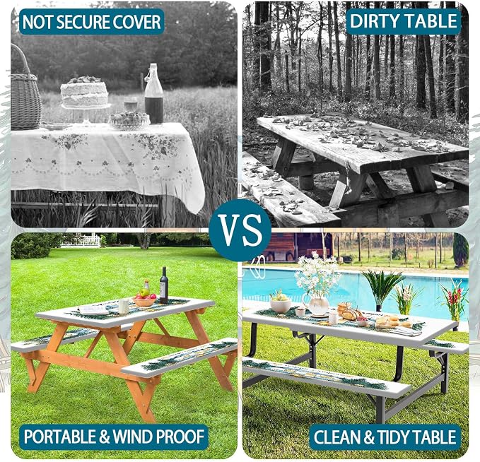 Picnic Table Cover with Bench Covers Elastic Edges, Happy Camper Fitted Table Cover, Outdoor Patio Camping Essentials 3PCS, Waterproof Camping Fitted Tablecloth with Drawstring Bag 96in White