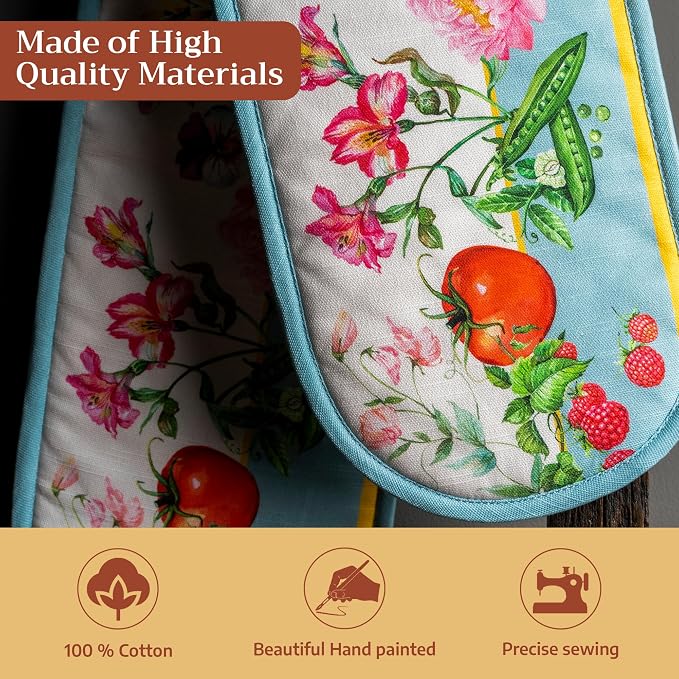 Maison d' Hermine Double Oven Mitts 100% Cotton Double Oven Glove (7"x35") | Heat Resistant BBQ Cooking Gloves with Loop Baking Grilling Kitchen Hotel Home Farmhouse Spring Summer - Giverny