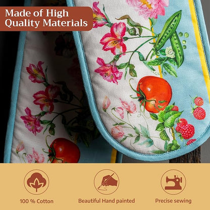 Maison d' Hermine Double Oven Mitts 100% Cotton Double Oven Glove (7"x35") | Heat Resistant BBQ Cooking Gloves with Loop Baking Grilling Kitchen Hotel Home Farmhouse Spring Summer - Giverny