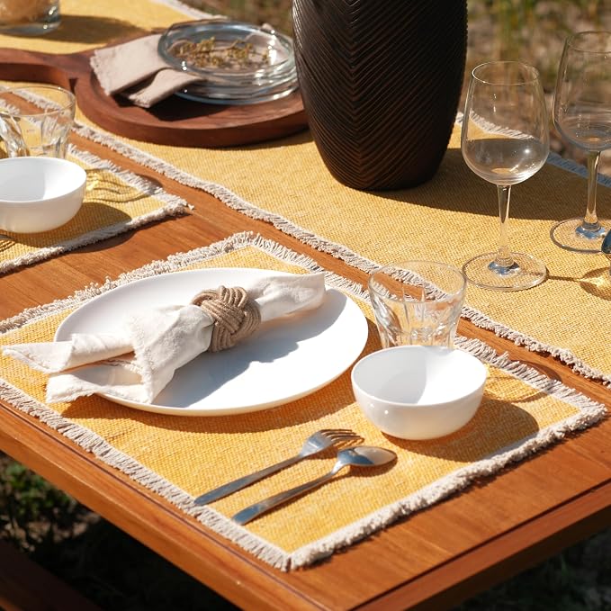 Hausattire Cotton Frayed Placemats Set of 6 Dining Table 14x14 Inch | Rustic Vintage Boho Washable Easter Placemat for Outdoor Parties BBQ's Spring, Holiday, Special Occasions, Nubby Cotton - Yellow