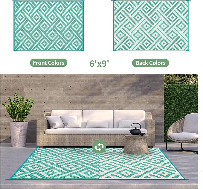 GENIMO Outdoor Rug, Waterproof Plastic Rugs for Patio, 6'x9' Lakegreen | Outside Larger Modern Carpet Mat for Porch Decor, Deck, Balcony, Camping, RV, Backyard, Picnic, Beach, Reversible, Foldable