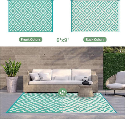 GENIMO Outdoor Rug, Waterproof Plastic Rugs for Patio, 6'x9' Lakegreen | Outside Larger Modern Carpet Mat for Porch Decor, Deck, Balcony, Camping, RV, Backyard, Picnic, Beach, Reversible, Foldable