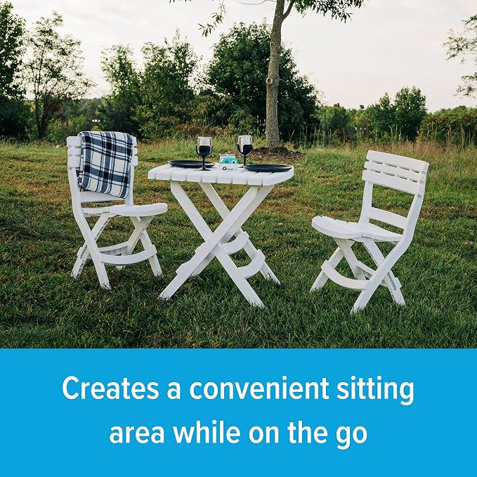 Camco Outdoor Table and Chair Set | Features Foldable Design for Compact RV Storage and Organization | Great for Camping, Events, Patios, and More | No-Tool Assembly | 3-Piece, White (51640)