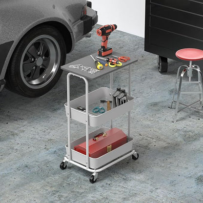Simple Houseware 2-Tier Rolling Utility Cart Wood Top/Lockable Wheel, Gray | Metal Storage Organizer Trolley for Kitchen, Bathroom, Office, Craft Room