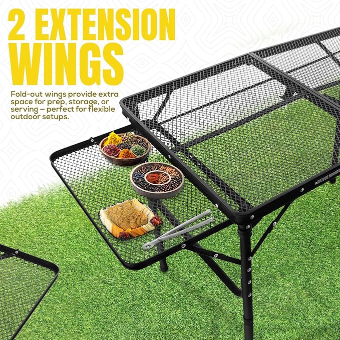 Folding Grill Table with Extension Boards | Portable Camping Table for Beach, BBQ, RV & Tailgating | Heavy Duty Metal Foldable Outdoor Prep Table | Supports 88 lbs, Mesh Design USA