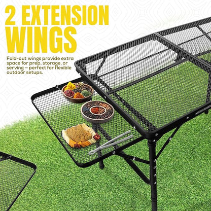 Folding Grill Table with Extension Boards | Portable Camping Table for Beach, BBQ, RV & Tailgating | Heavy Duty Metal Foldable Outdoor Prep Table | Supports 88 lbs, Mesh Design USA